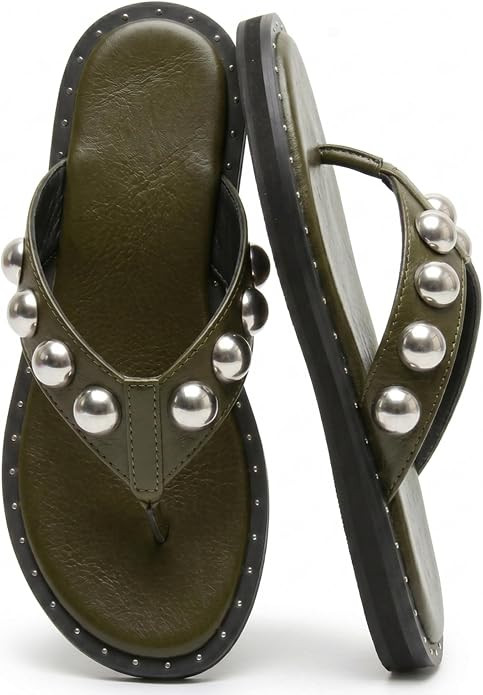 Riekhany Studded Thong Sandals for Women Round Clip Toe Slip On Flip Flops Slides Comfortable Con... | Amazon (US)