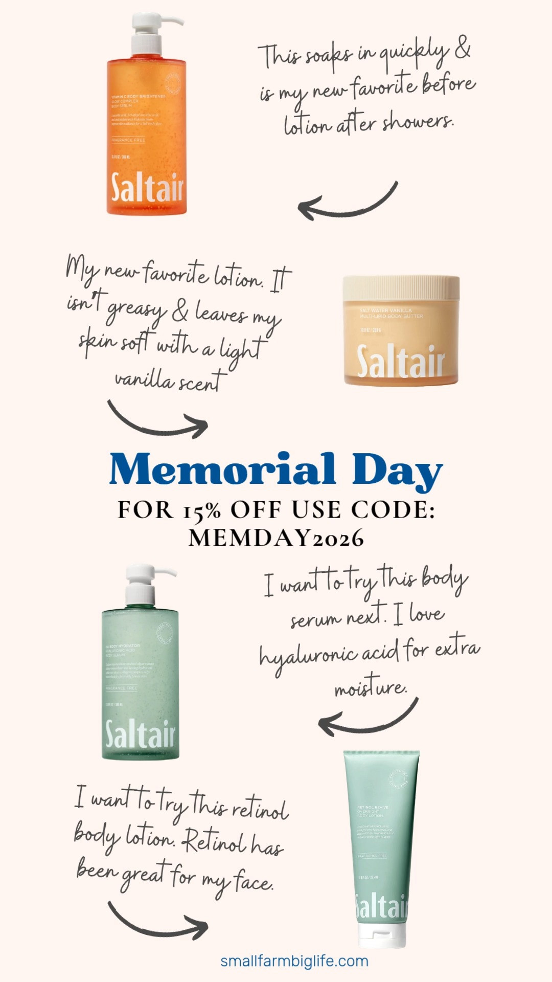 Saltair is one of those brands I keep coming back to because the formulas are just so good and the scents are never overwhelming. I have been using the Vitamin C Glow Complex Body Serum after every shower and I love how quickly it absorbs before I apply lotion. The Salt Water Vanilla Multi Lipid Body Butter is my new favorite follow up and it leaves my skin feeling so soft. I also have my eye on the Hyaluronic Acid Body Serum and the Retinol Revive Overnight Body Lotion and I am planning to grab both during the sale. Use code MEMDAY2026 for 15% off through Memorial Day. Tap to shop! 

 #LTKOver40 #LTKSaleAlert #LTKBeauty