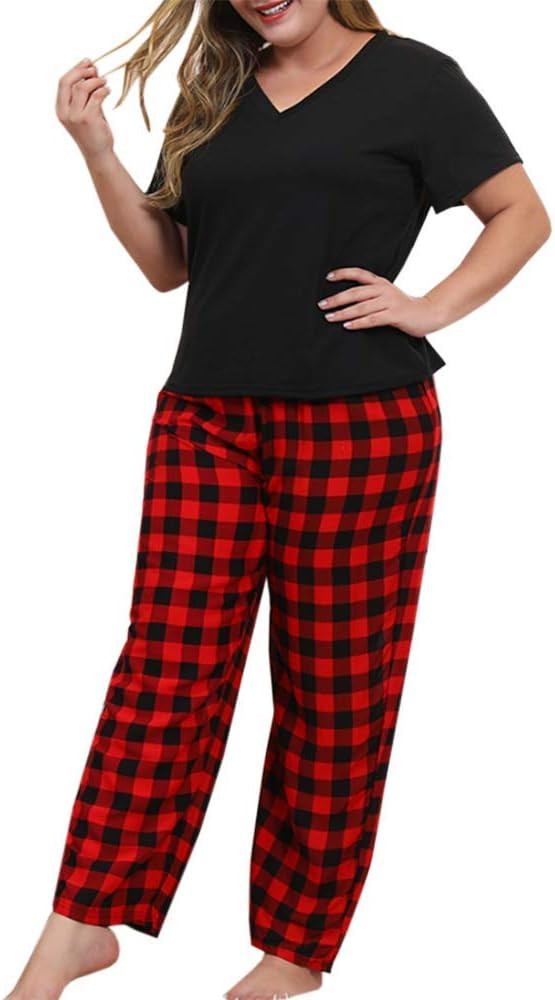 Women Plus Size Pajamas Set Plaid Lounge Pants V-Neck Short Sleeve Cotton T Shirt 2 Piece Sleepwe... | Amazon (US)