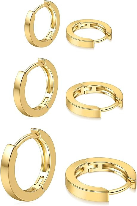 micuco 3 Pairs Small Hoop Earrings for Women, 14K Gold plated Hoop Huggie Earrings for Men, Tiny ... | Amazon (US)
