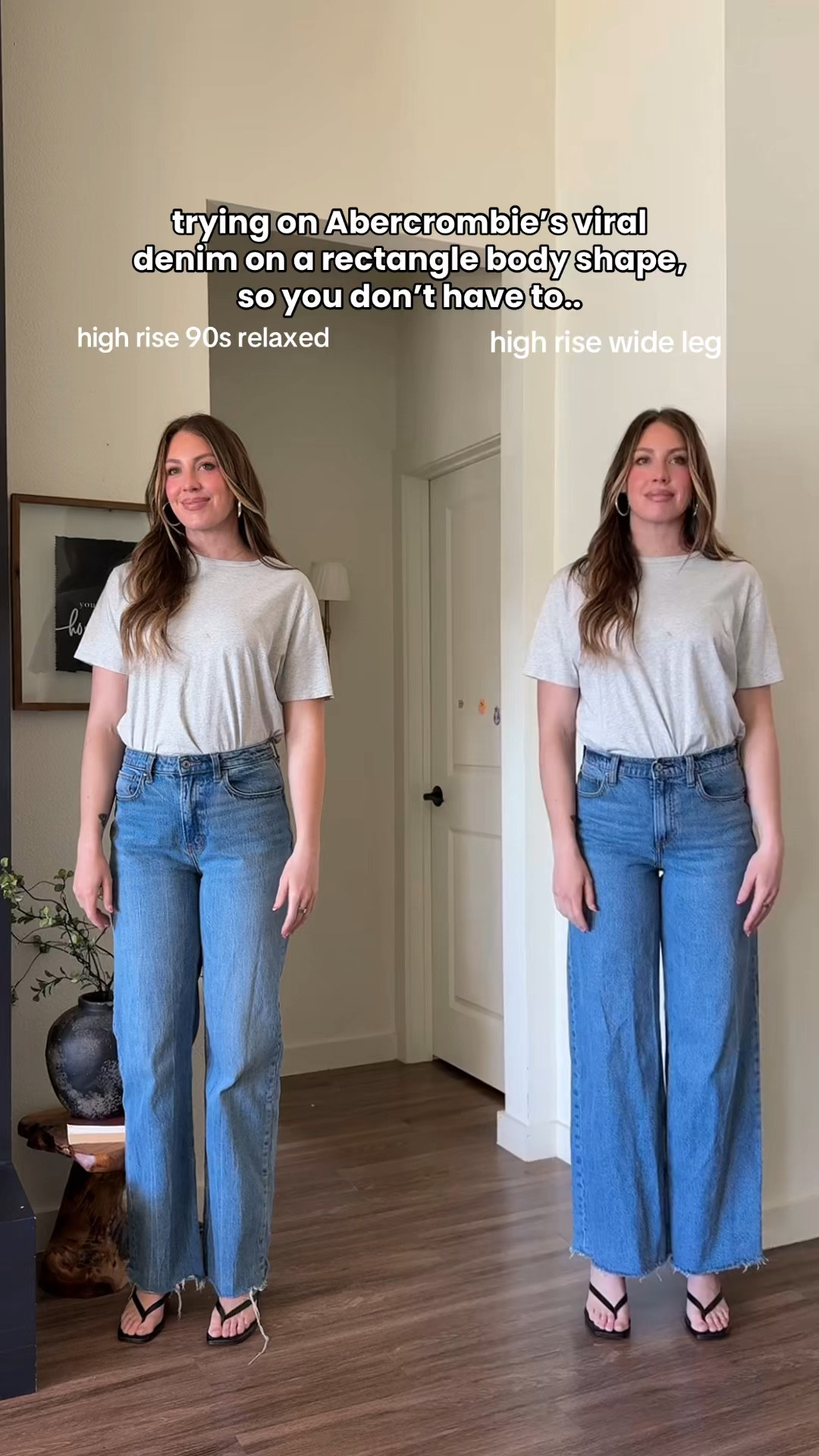 Jeans that flatter rectangle body types! I’m wearing a 27 extra tall in relaxed jeans & 27 tall in wide leg 

Jeans that flatter, Abercrombie jeans 