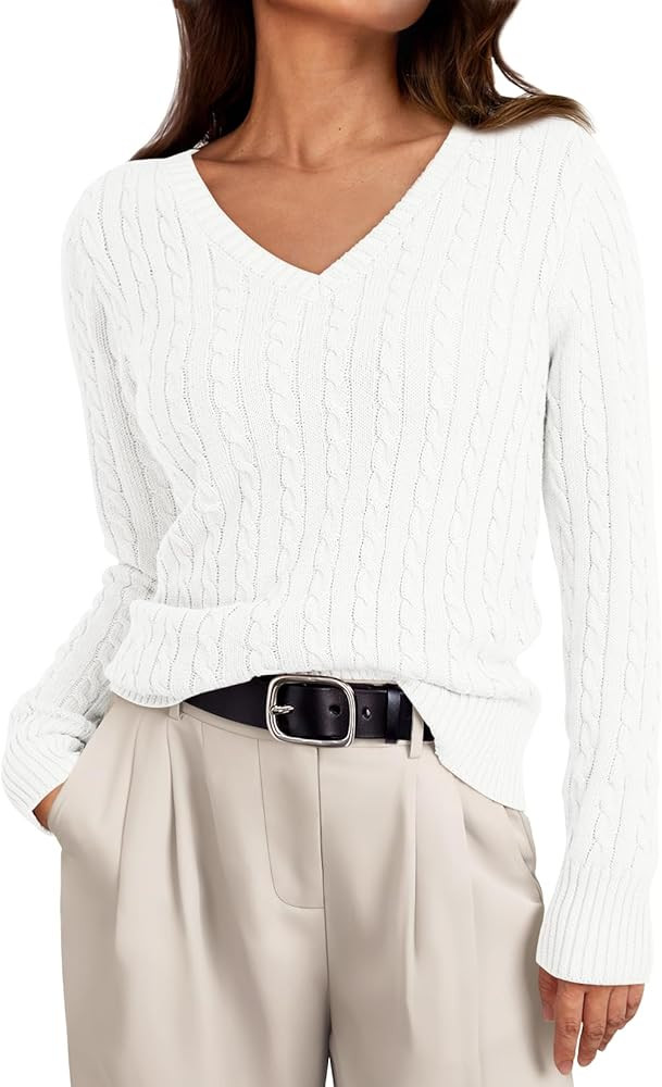 LILLUSORY Women's Cable Knit V Neck Lightweight Soft Pullover Sweaters | Amazon (US)