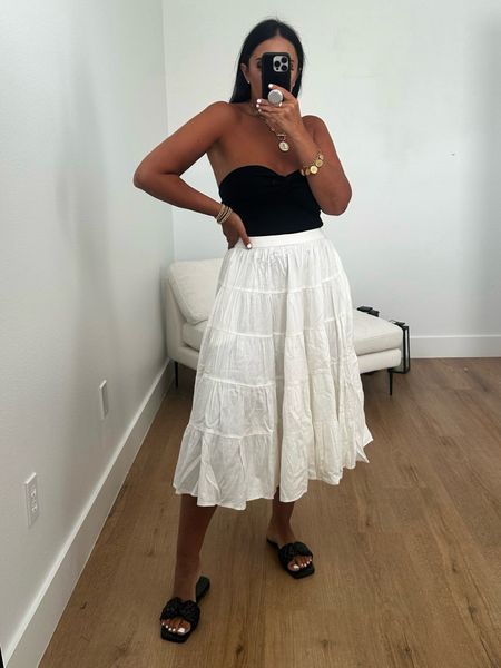 In Full Swing Midi Skirt wearing size small. Women's Squared Open Toe Slide Sandals. Womens Tube Tops Summer Sweater wearing size medium.