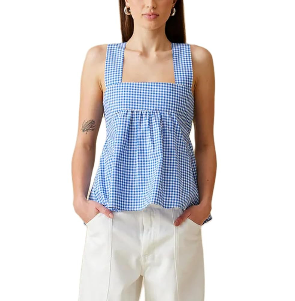 Women Y2k Going Out Tank Tops Gingham Square Neck Peplum Cami Tank Sleeveless Backless Shirt Bowt... | Amazon (US)