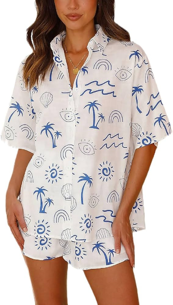 2 Piece Outfits for Women Summer Lounge Set Short Sleeve Button Down Blouses And Casual Shorts Tr... | Amazon (US)