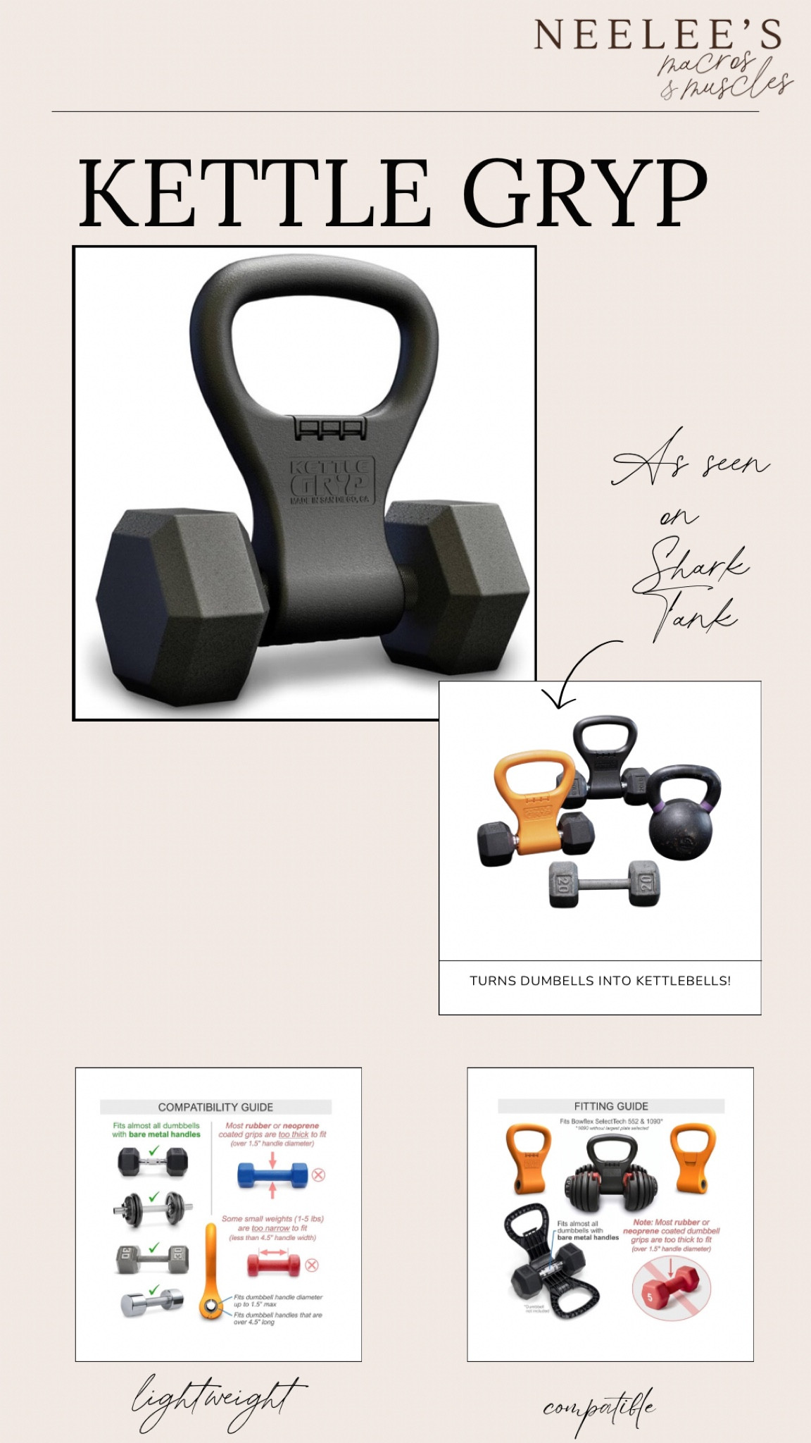 Turn Any Dumbbell into a Kettlebell with the Kettle Gryp!

The Kettle Gryp is an innovative tool that transforms a regular dumbbell into a fully functional kettlebell. It’s a simple, versatile attachment that slides onto the handle of your dumbbell, allowing you to perform kettlebell exercises without needing a separate set of weights.

How the Kettlebell Gryp Works:
	1.	Attachment: The Kettle Gryp fits securely over the dumbbell handle, providing a comfortable and durable “handle” that mimics the shape and function of a kettlebell.
	2.	Durability: It’s built to withstand the weight of your dumbbell while offering a strong, secure grip for a variety of exercises.
	3.	Versatility: You can use your existing dumbbells, whether you’re at home, the gym, or traveling, and instantly adapt your workout to include kettlebell movements.

With the Kettlebell Gryp, you get the benefits of kettlebell training without the need to buy additional equipment, making it a convenient and cost-effective way to mix up your workout routine.

#LTKFindsUnder50 #LTKActive #LTKFitness