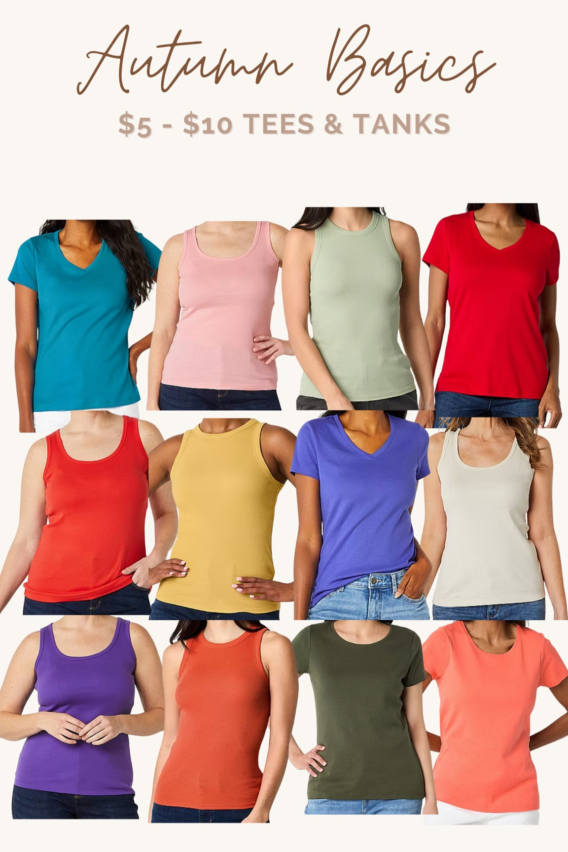 Affordable Autumn Basics! Almost EVERY SINGLE COLOR in the Autumn palette from scoop + high neck tanks to crew neck + v-neck tees. 

HOC Autumn, True Autumn, Dark Autumn 

#LTKActive #LTKsalealert #LTKfindsunder50