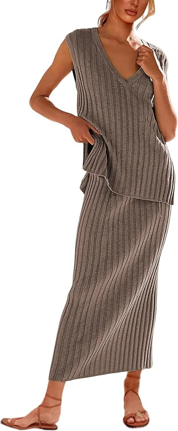SCUSTY Women's 2 Piece Sweater Skirt Sets Sleeveless V Neck Knit Ribbed Vest Tops Midi Skirt | Amazon (US)