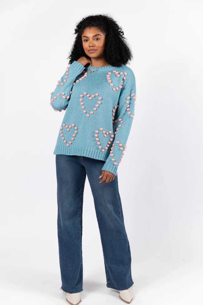 Adore You Blue and Pink Oversized Heart Pom Sweater | Pink Lily