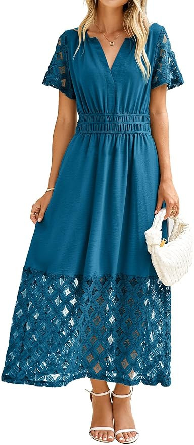 Simplee Womens 2025 Summer Boho Maxi Dress V Neck Empire Waist Long Flowy Dresses with Pockets | Amazon (US)