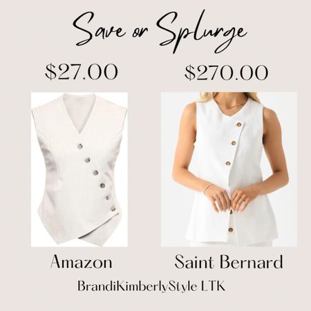 It’s Save or Splurge! Are you looking for a cute asymmetrical button for the summer? Save with Amazon and it comes in other colors. It is also on sale! You can Splurge with Saint Bernard’s top quality that’s trendy. It only comes in white.  BrandiKimberlyStyle, summer fashion, summer outfit, summer vest 

#LTKSaleAlert #LTKStyleTip #LTKOver40