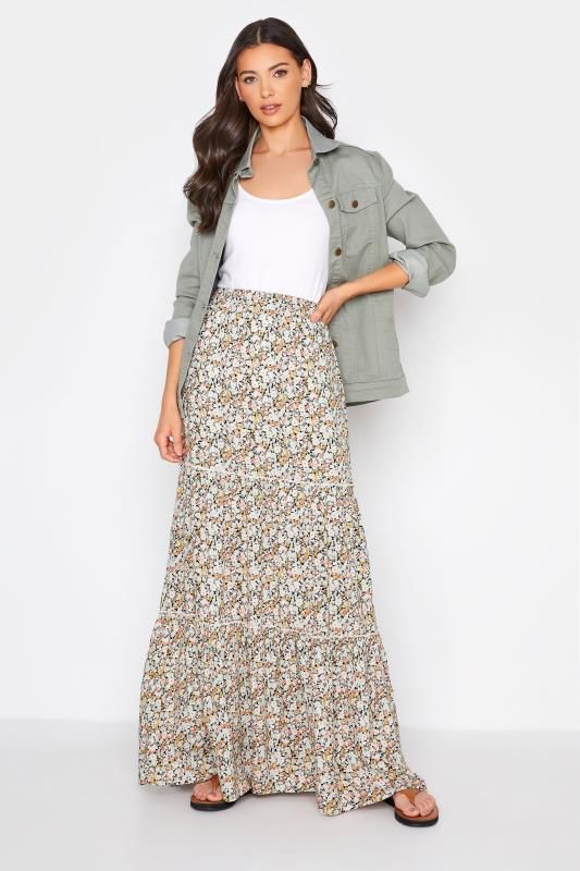 LTS Tall Beige Brown Floral Tiered Maxi Skirt | Long Tall Sally