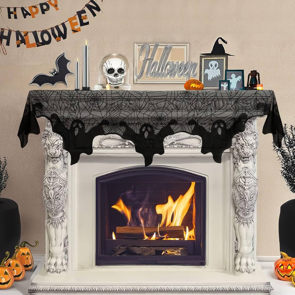 AerWo Halloween Decorations Indoor Fireplace Mantel Scarf, Black Lace Ghost Spiderweb Fireplace C... | Amazon (US)