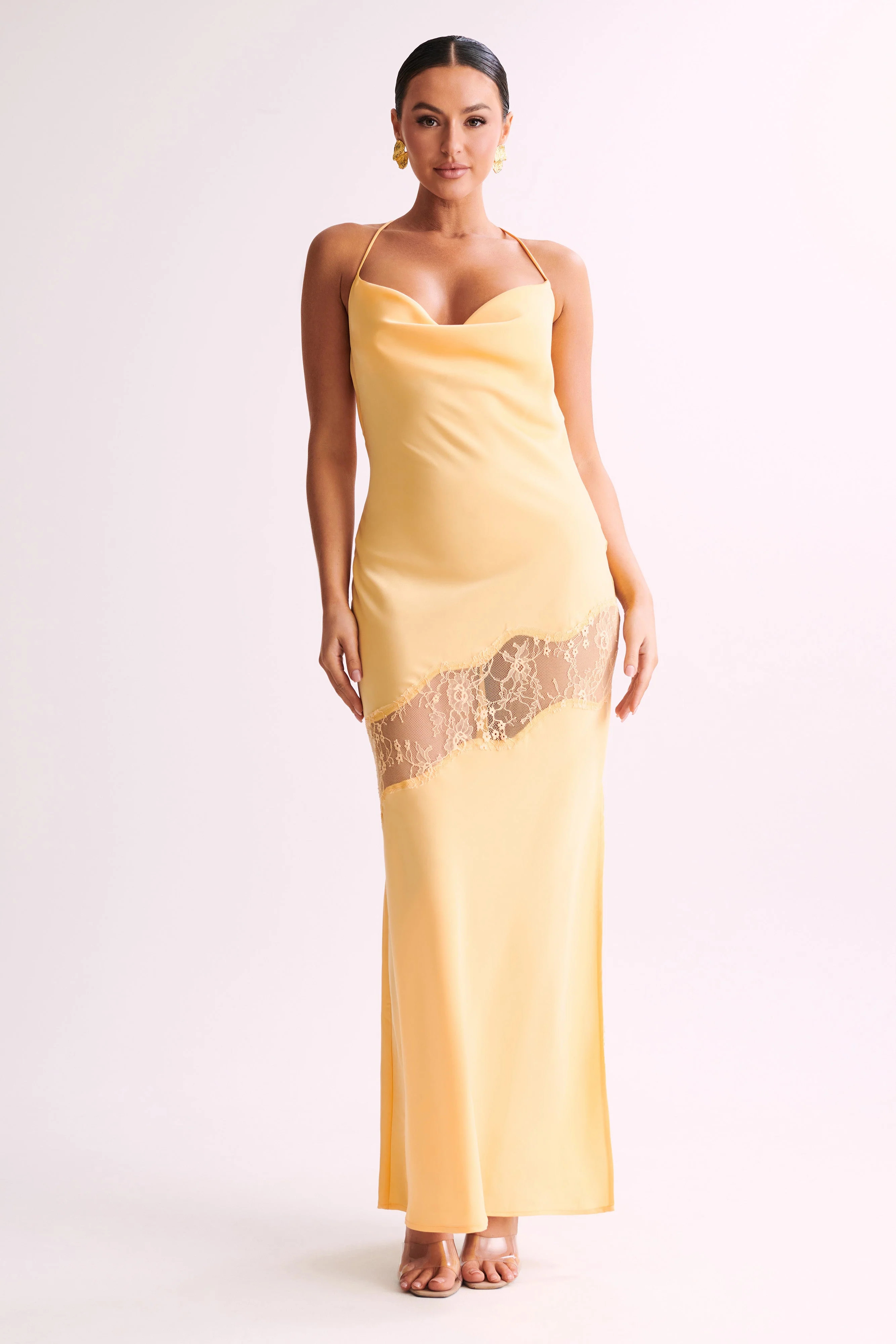 Chandra Lace Detail Satin Maxi Dress - Lemon | MESHKI US