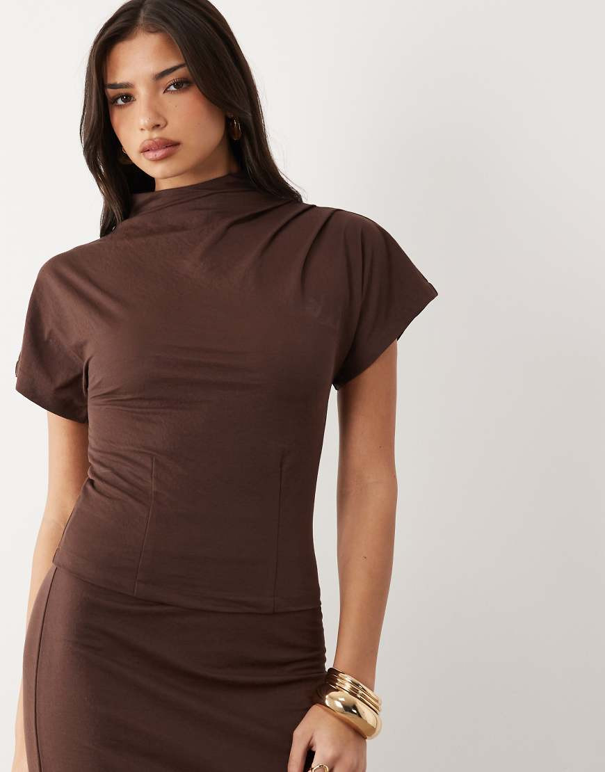 ASOS DESIGN linen look draped high neck top in brown - part of a set | ASOS (Global)