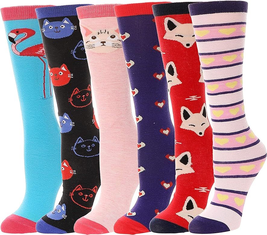 Girls Knee High Socks for Child 6 Pairs Boot Fun Crazy Long Tall Funny Animal Colorful Kids Socks | Amazon (US)