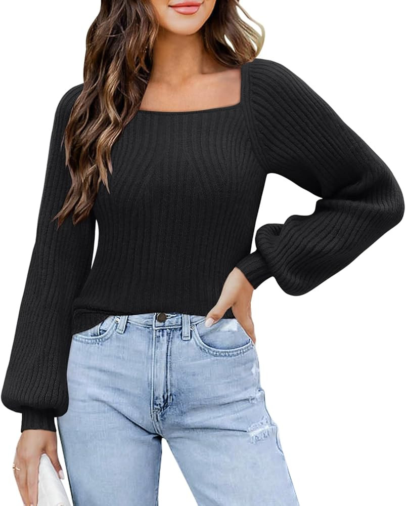 DOROSE Women's Puff Long Sleeve Sweaters Square Neck Casual Knit Pullover Sweater | Amazon (US)