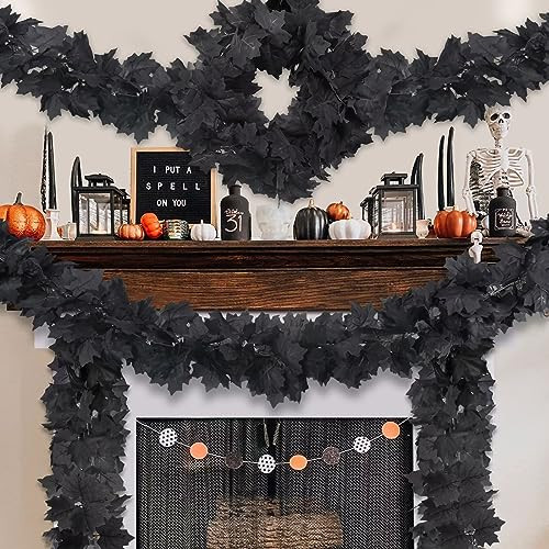 Palmatte 2 Pack Black Garland Halloween Decorations Indoor Outdoor Fall Maple Leaves Garland Vines, Fall Halloween Decor Home Room Table Mantle Door Wall Black Fall Halloween Party Wedding Decorations | Amazon (US)