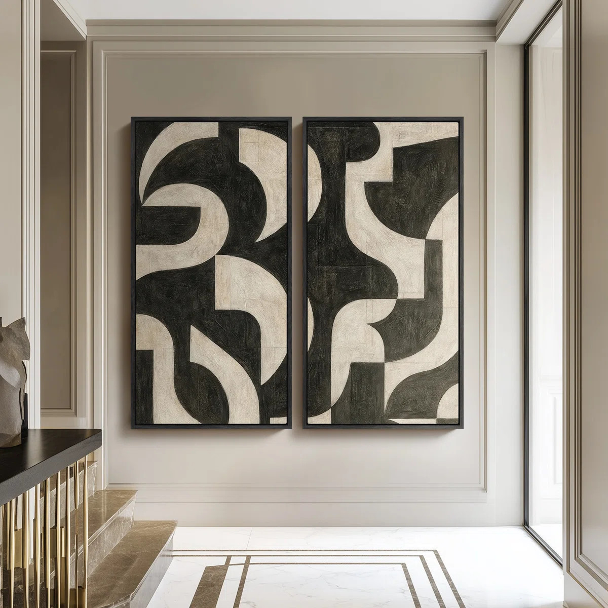 Large Framed Canvas Wall Art Set - Modern Geometric Pattern Black and Beige Abstract Shape Contem... | Wayfair North America