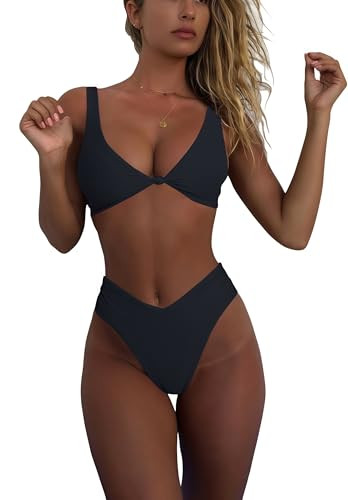 geluboao Bikini Set for Women Solid V Neck Knot Front Push Up High Leg Thong Two Piece Swimsuit | Amazon (US)