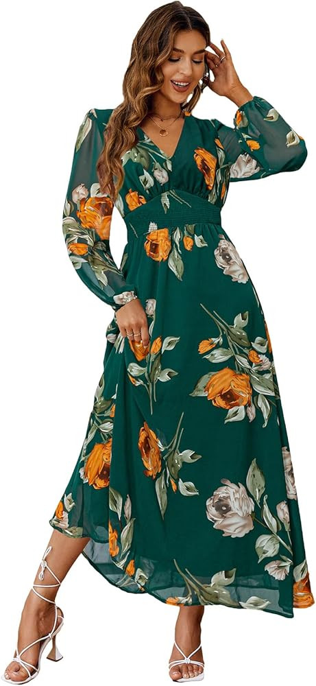 Simplee Women's Boho Floral Maxi Dress Flowy Casual V Neck Short Sleeve Wedding Guest Holiday Bea... | Amazon (US)