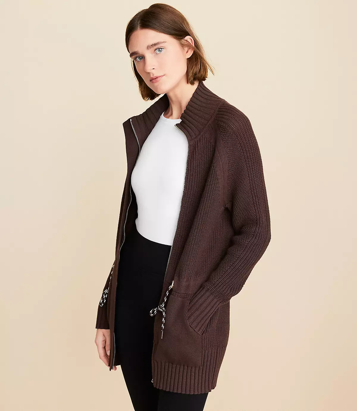 Lou & Grey Ribbed Drawstring Zip Pocket Cardigan | LOFT