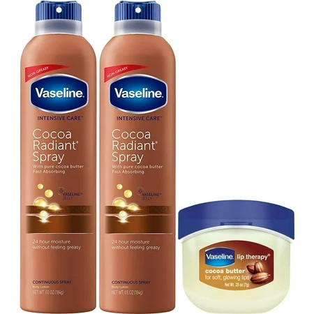 Vaseline Cocoa Radiant Lotion Set + Mini Vaseline Lip Therapy, Cocoa Butter Lotion Spray Moisturizer, Vaseline Intensive Care Lotion, Vaseline Lip Balm (3 Piece Set). | Walmart (US)