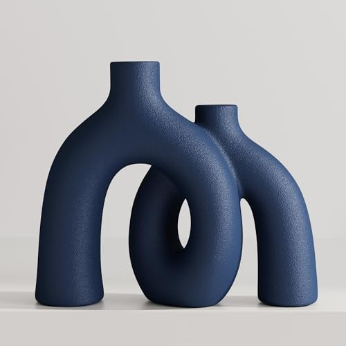 Hug Donut Decorative Vase Set - Navy Blue Vase, Modern Coastal Style Vases Home Decor, Matte Ceramic Decorations for Living Room Shelf, Bookshelf Mantle Entryway Table or Console Décor (Navy Blue) | Amazon (US)