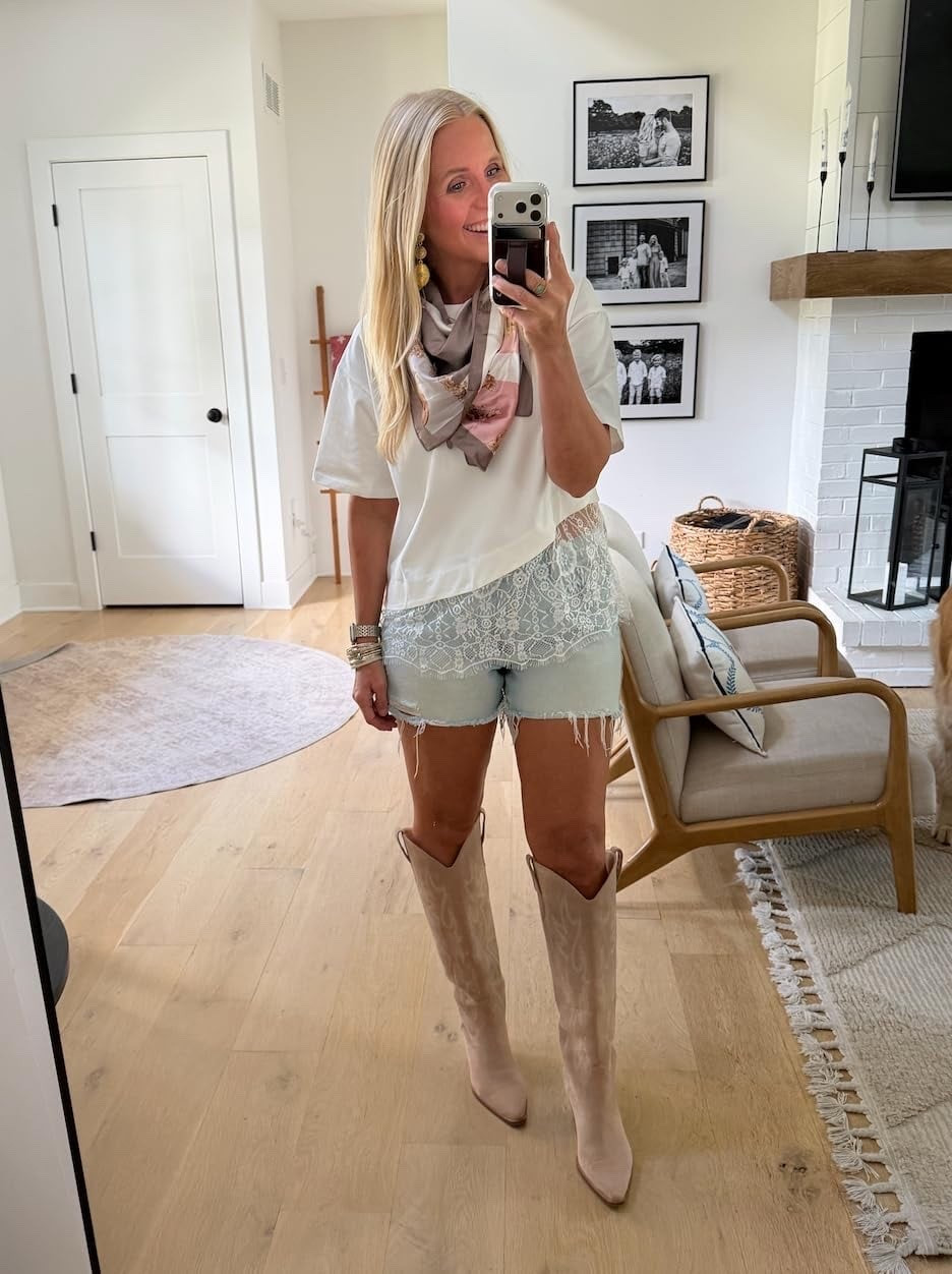 I'm in a medium in the t-shirt with the lace. The shirt is good quality - thicker material. I linked similar shorts.

#LTKootd #LTKOver40 #LTKmomlife