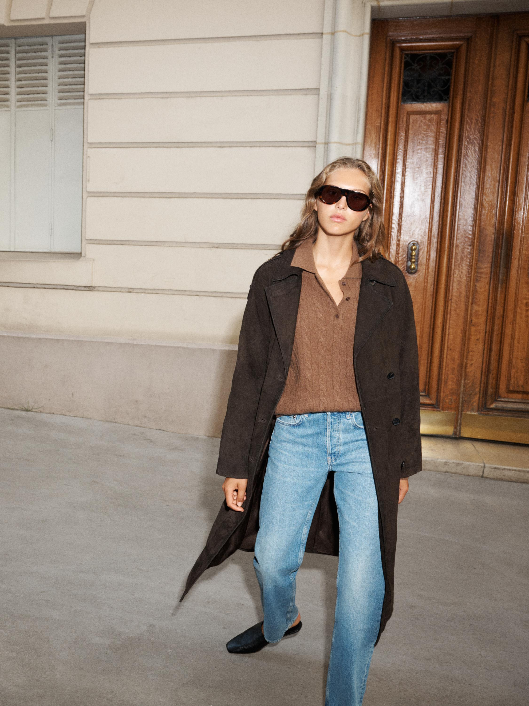 Long suede leather trench coat | Massimo Dutti US