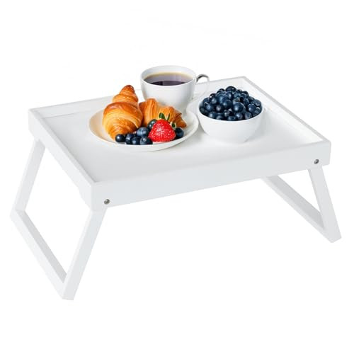 Bamboo Bed Tray Table with Folding Leg, Breakfast in Bed Tray for Eating,Kitchen Serving, Food, Sofa, Snacking or Working, Laptop Desk Dinner(1, White) | Amazon (US)