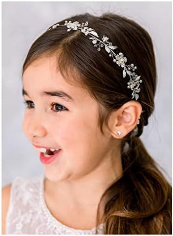 Amazon.com: SWEETV Flower Girl Headpiece Silver Wedding Headband for Girls Princess Flowers Hair ... | Amazon (US)
