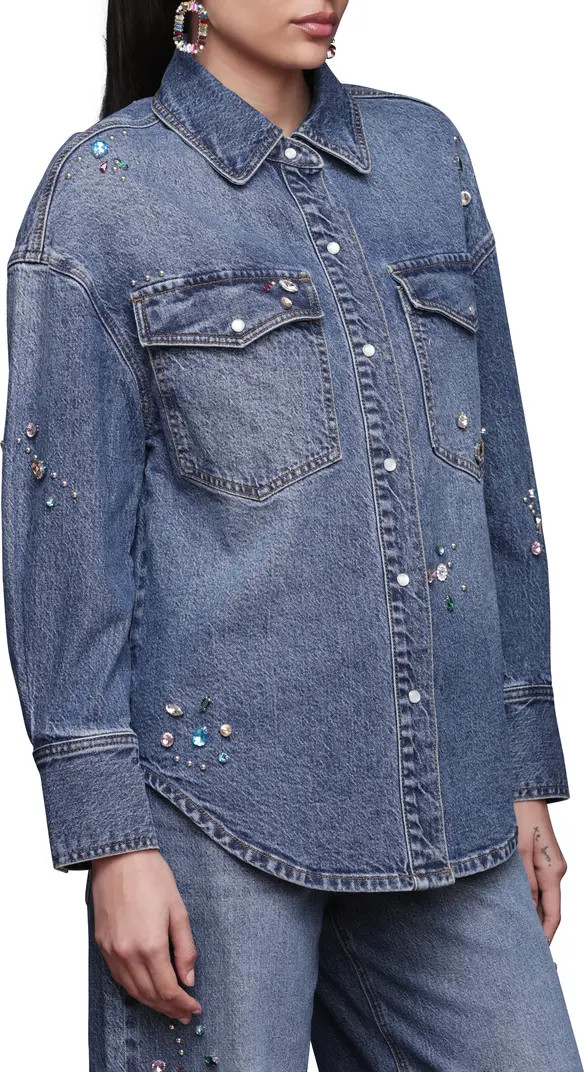 Oversize Jewel Embellished Denim Snap-Up Shirt | Nordstrom