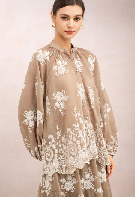 Embroidered Floral Organza Dolly Top and Maxi Skirt Set in Taupe for Garden Parties & Coastal Get... | Chicwish