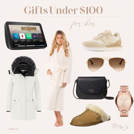 Gifts for her - all under $100! These include an Echo Show, Barefoot Dreams robe, New Balance sneakers, Ray Ban sunglasses, a hooded coat, Kate Spade purse, Michael Kors rose gold watch, and Ugg slippers. 

Gifts for her, gifts for mom, gift guide, Christmas gift ideas 

#LTKfindsunder100 #LTKHoliday #LTKGiftGuide