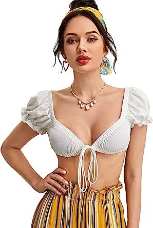 SweatyRocks Women's Sexy Tie Front Crop Top Deep V Neck Puff Short Sleeve Casual Blouse Shirt | Amazon (US)