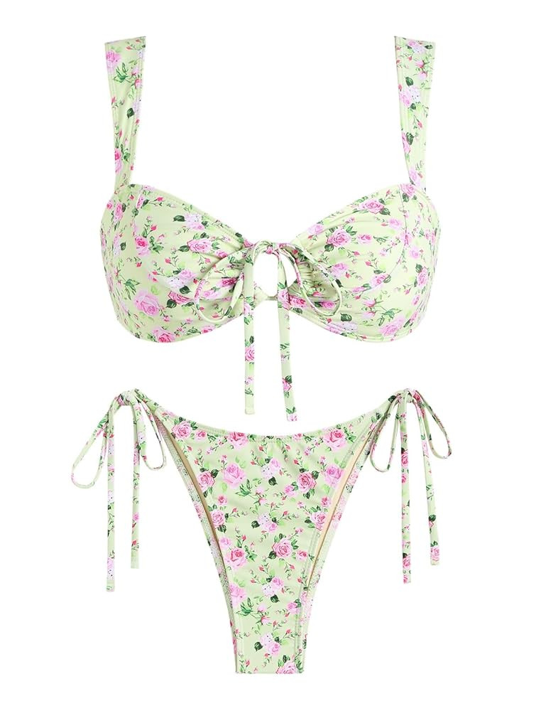 ZAFUL Women's Cinched Bikini Solid Color Wave Textured Knotted Tied Side Two Piece Swimsuit Bathi... | Amazon (US)