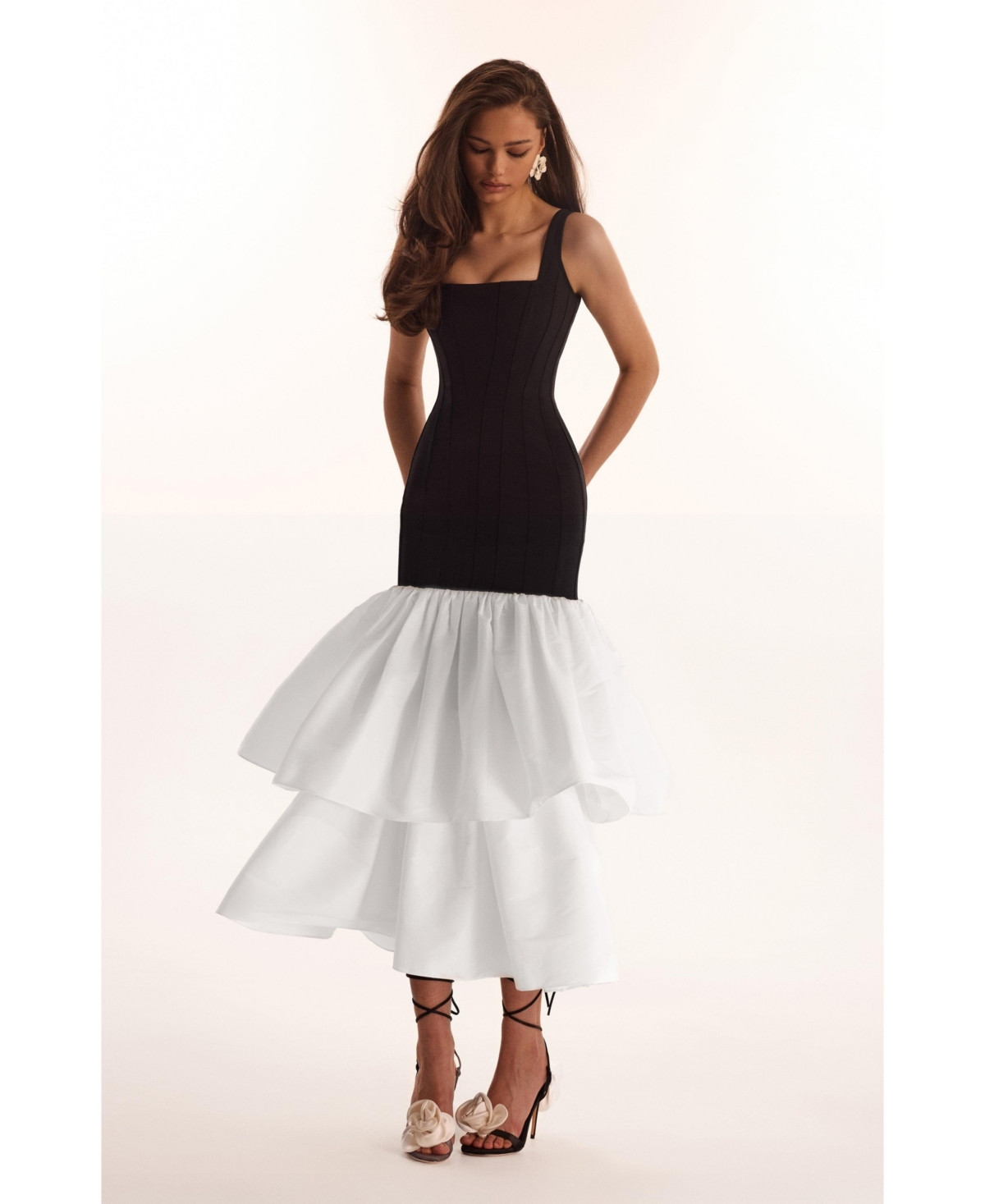 Milla Women's Black Fitted Maxi Dress With Puffy Tiered Skirt - Blackwhite | Macy's