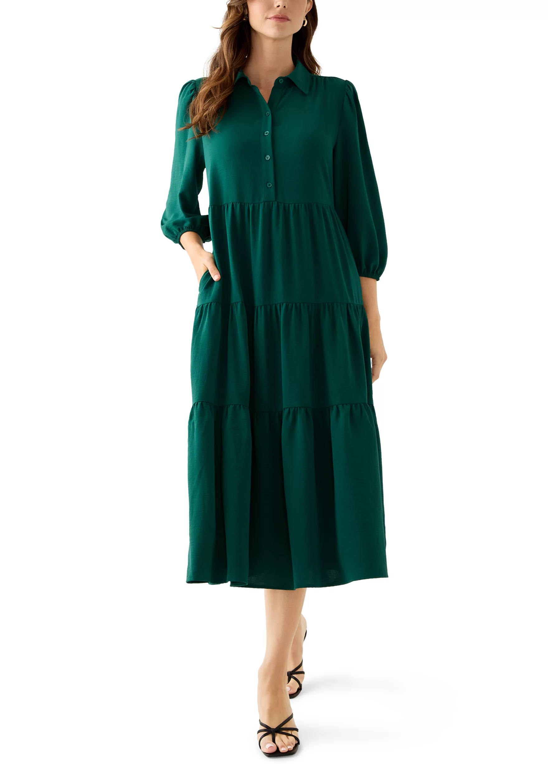 Women's 3/4 Puff Sleeve Button Down Collared Dress | Belk