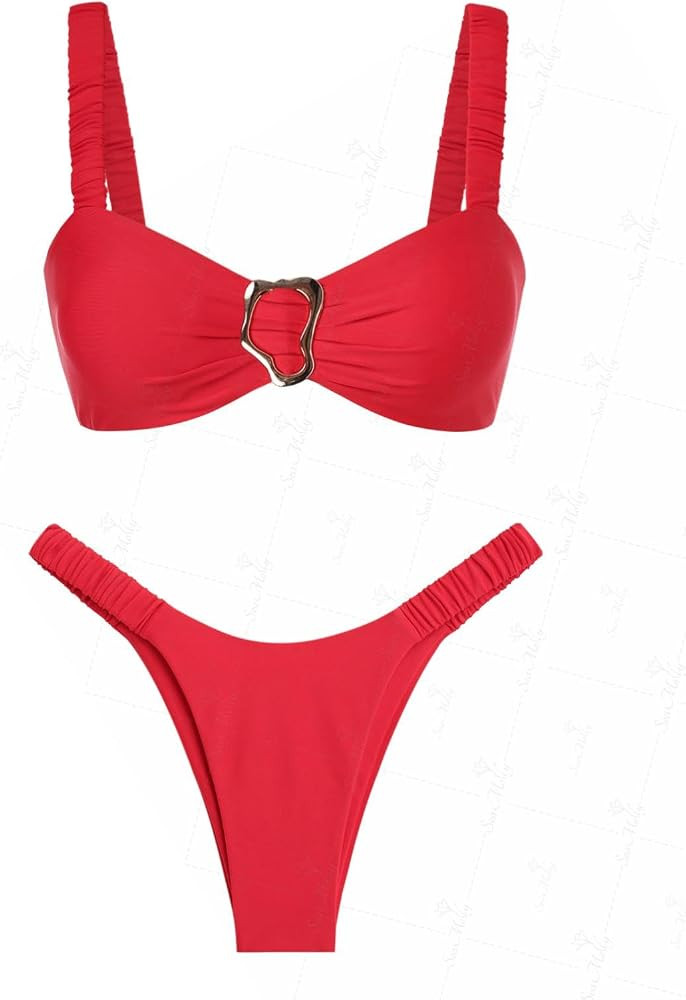 seamoly Gingham Ruched Bowknot Decor Cheeky Bikini Set | Amazon (US)