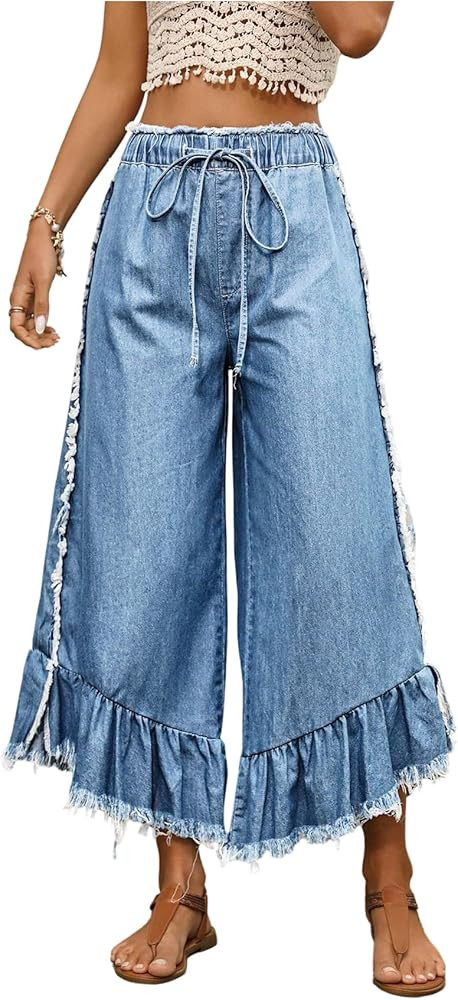 SOLY HUX Women's High Waisted Ruffle Hem Wide Leg Baggy Jeans Drawstring Fringe Denim Pants | Amazon (US)