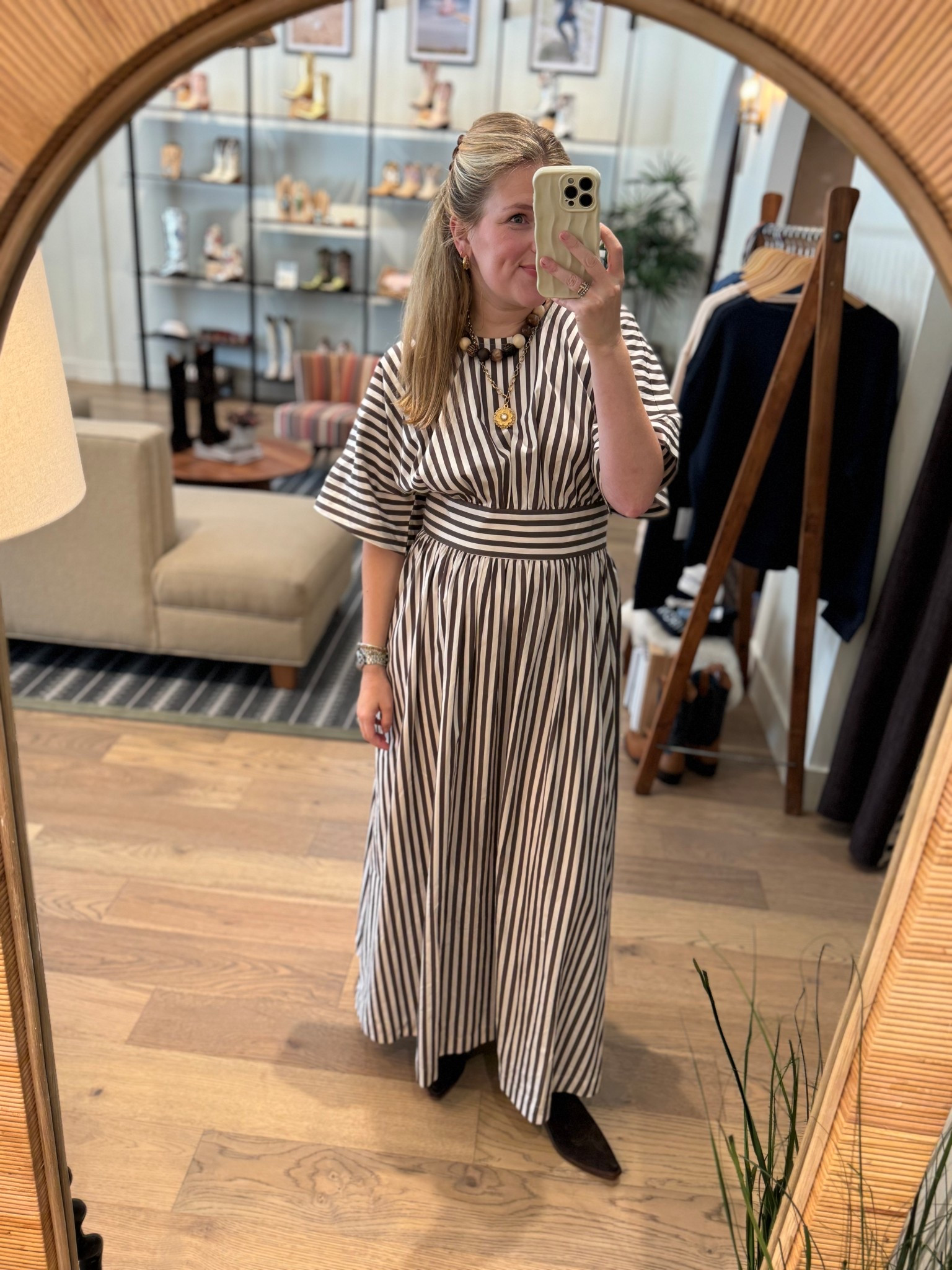 Brown stripe dress 
Brown suede cowboy boots 