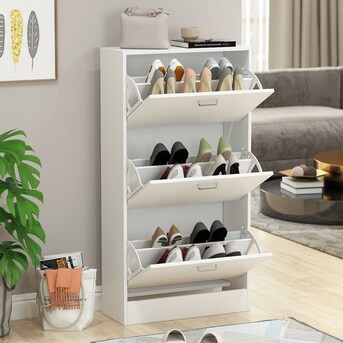 FUFU&GAGA 45.5-in H 3 Tier 14 Pair White Composite Shoe Cabinet Lowes.com | Lowe's