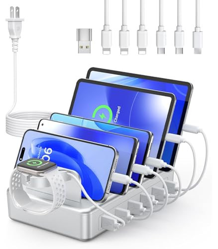 Charging Station for Multiple Devices Apple,50W 6 Port&6 Cables Charging Station for Apple Device with Apple Watch Holder,Charging Dock for Cellphone, Kindle, Tablet and Other Electronic (Sliver) | Amazon (US)