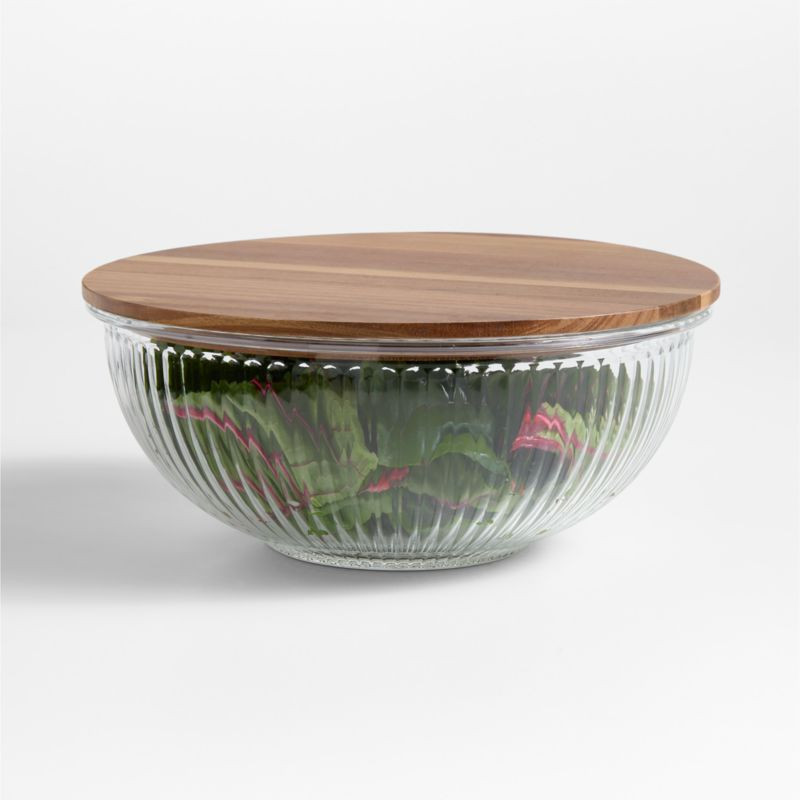 Large Plisse Fluted Glass Bowl with Acacia Lid by Laura Kim | Crate & Barrel | Crate & Barrel
