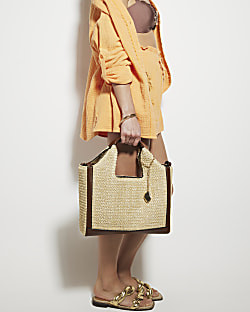Beige raffia tote bag | River Island (UK & IE)