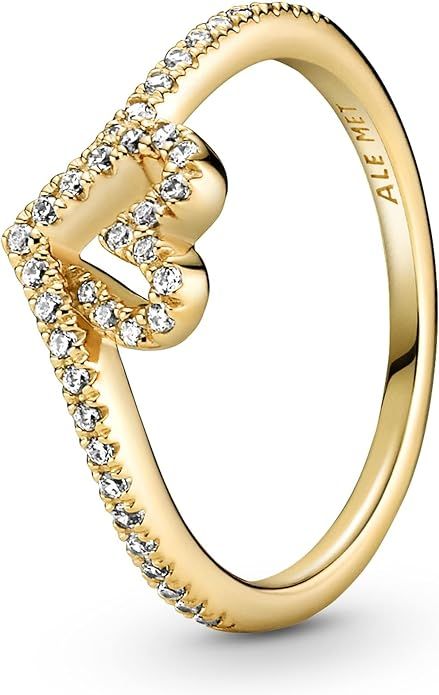 Pandora Timeless Wishbone 169302C01-58 Sparkling Heart Ring in 14K Gold Plated Alloy with Cubic Z... | Amazon (UK)