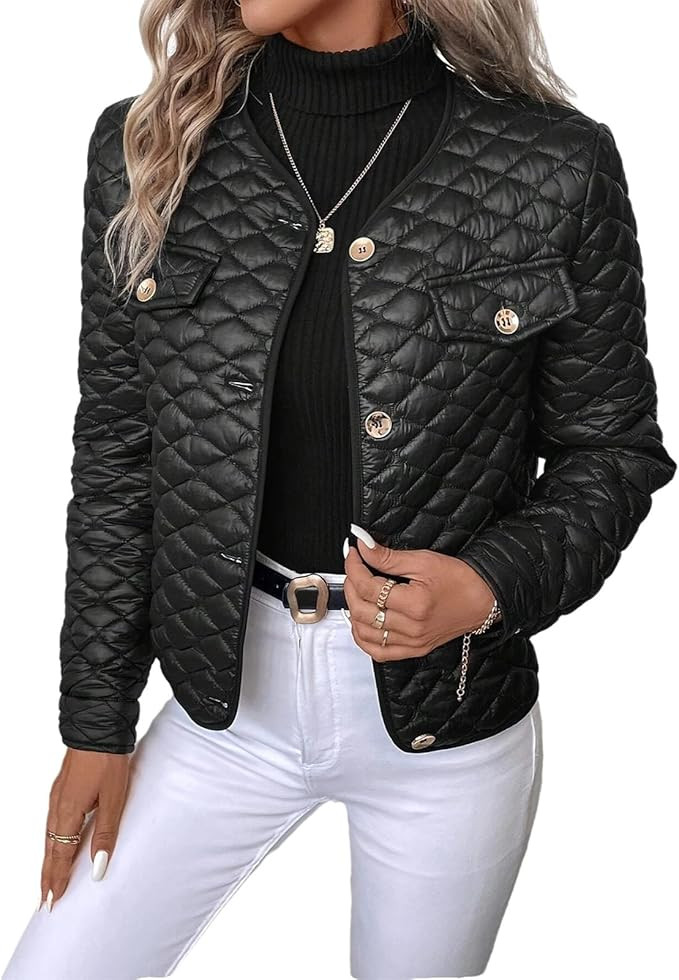 Wuitrie Fall Jackets for Women Quilted Filling Cotton Cropped Jacket Buttons Long Sleeve V Neck W... | Amazon (US)