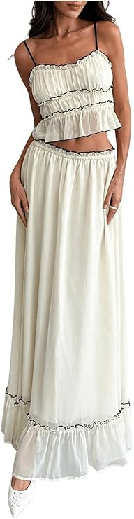 SOLY HUX Women's Skirt Sets 2 Piece Outfits Contrast Trim Ruffle Hem Cami Tops and Maxi Skirt Vac... | Amazon (US)