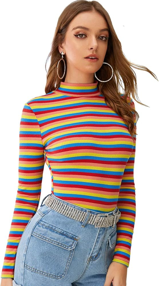Floerns Women's Mock Turtleneck Long Sleeve Slim Fit Stretch Striped T-Shirts | Amazon (US)